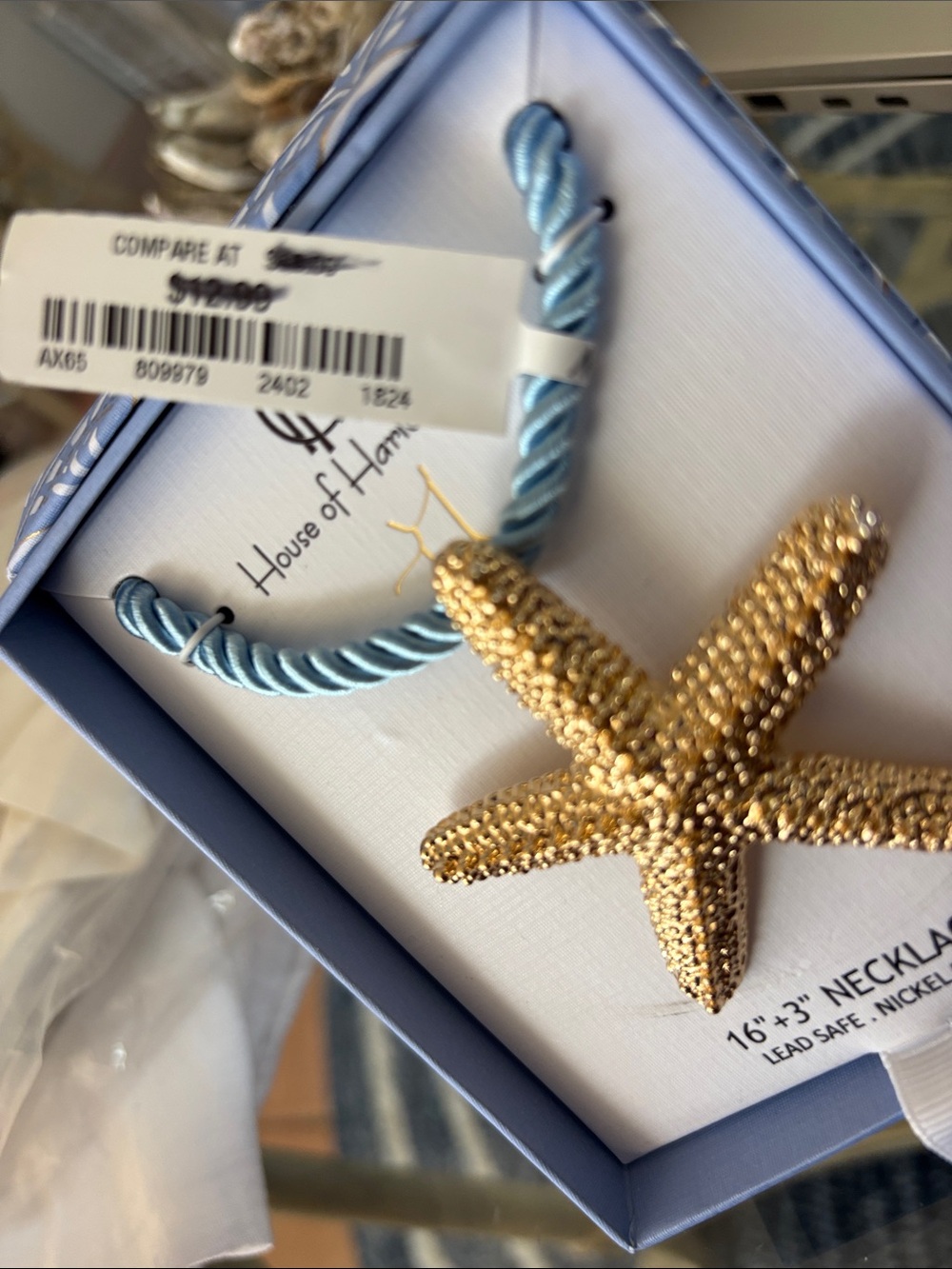 House of Harlow 1960 Gold Starfish Pendant on Light Blue Cord - Picture 2 of 3